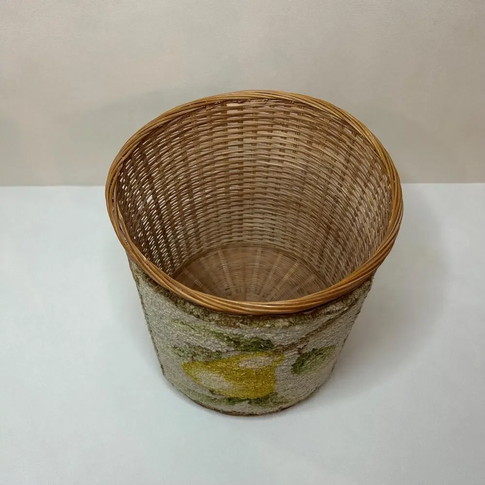 Vintage Boho Woven Rattan Wastebasket Needlepoint Pear Basket